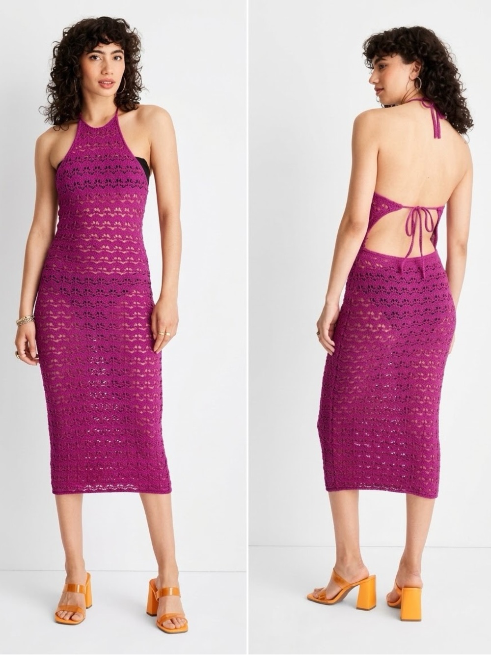 Future Collective Crochet Halter Swim Coverup Midi Dress in Magenta